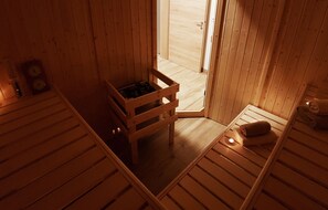 A wooden cabin interior with a wooden bench, a small table with a towel, and a door leading outside. - David Appartments (Mauterndorf)