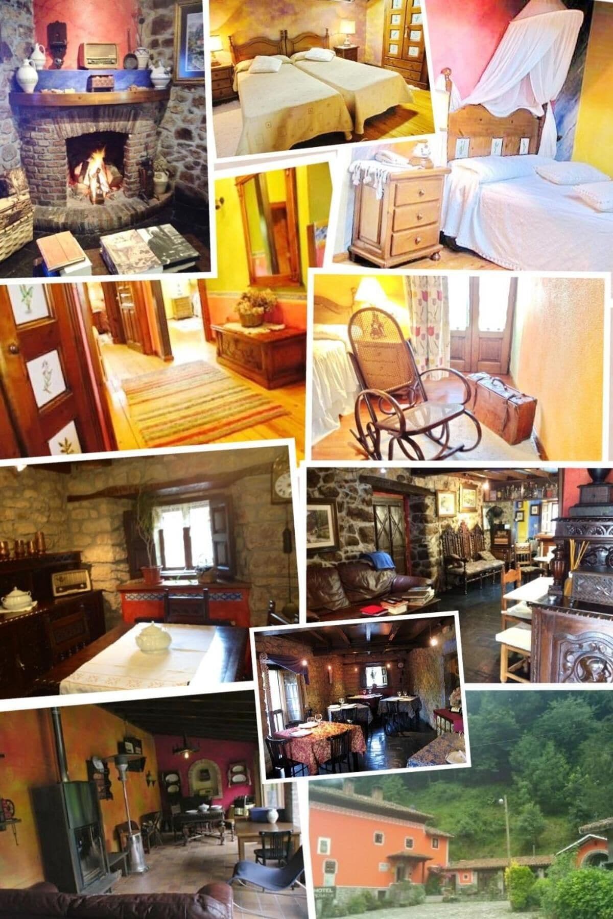 Un hôtel doté d’une cheminée en pierre, d’un lit à baldaquin, d’un coin repas avec un mur en pierre et offrant une vue sur une forêt.