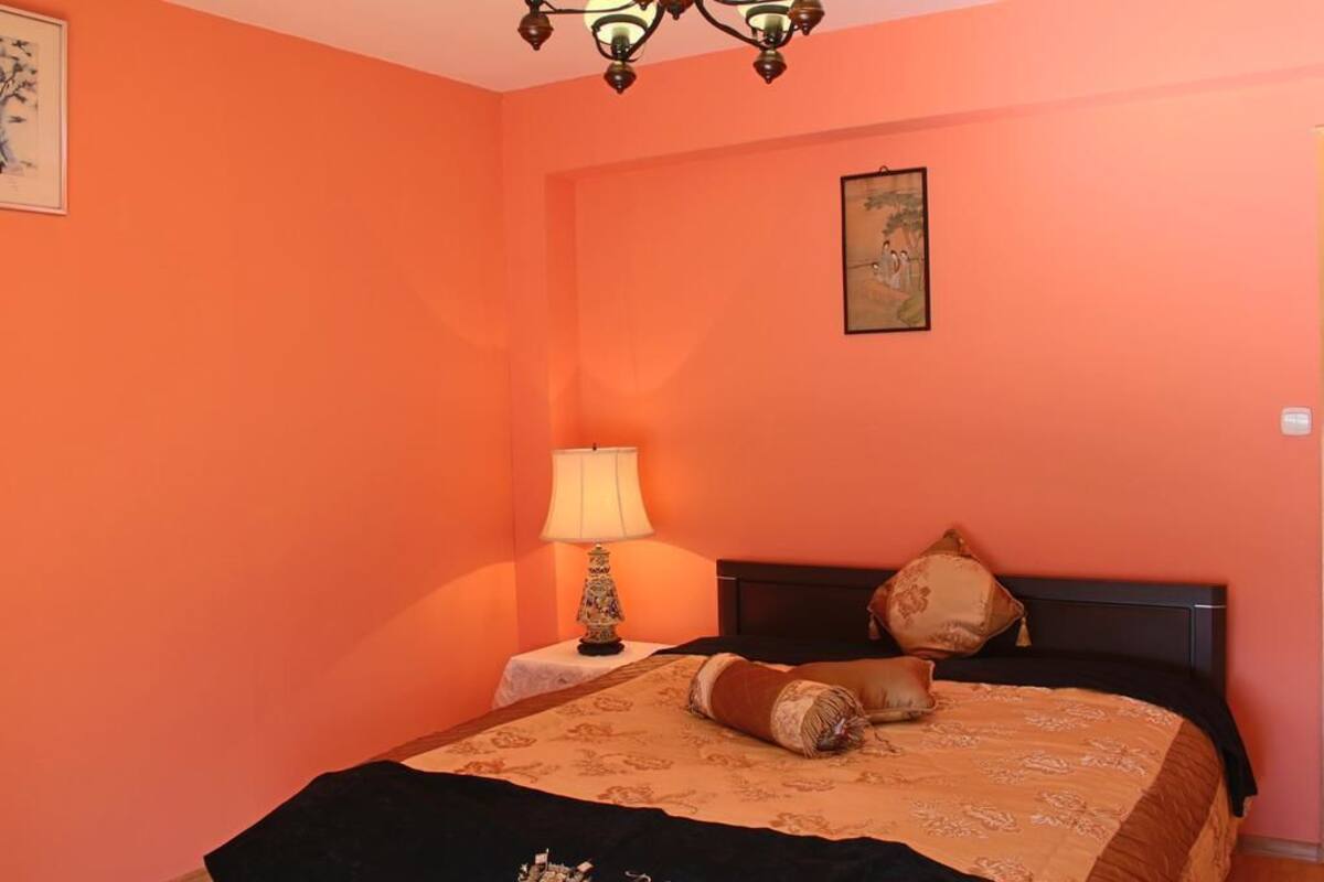 A bedroom with an orange wall, a bed with a patterned bedspread, two pillows, a nightstand with a lamp, and a painting on the wall.