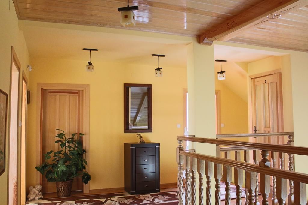 A hallway with wooden ceiling beams, a potted plant, a black filing cabinet, and a wooden railing.