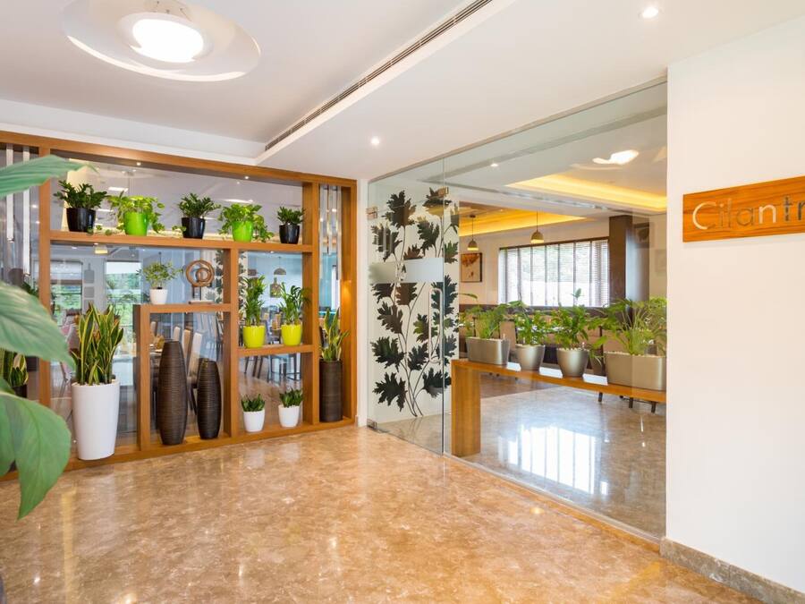 A modern lobby with a glass partition, potted plants, and a sign reading "Cilantro".