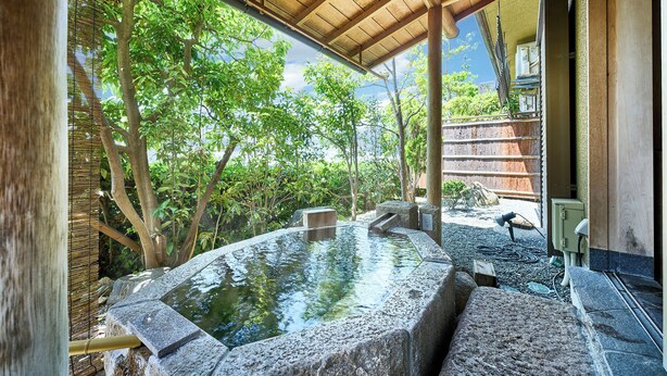 Zona de baño de aguas termales de piedra con una pérgola de madera sobre ella, rodeada de abundante vegetación.