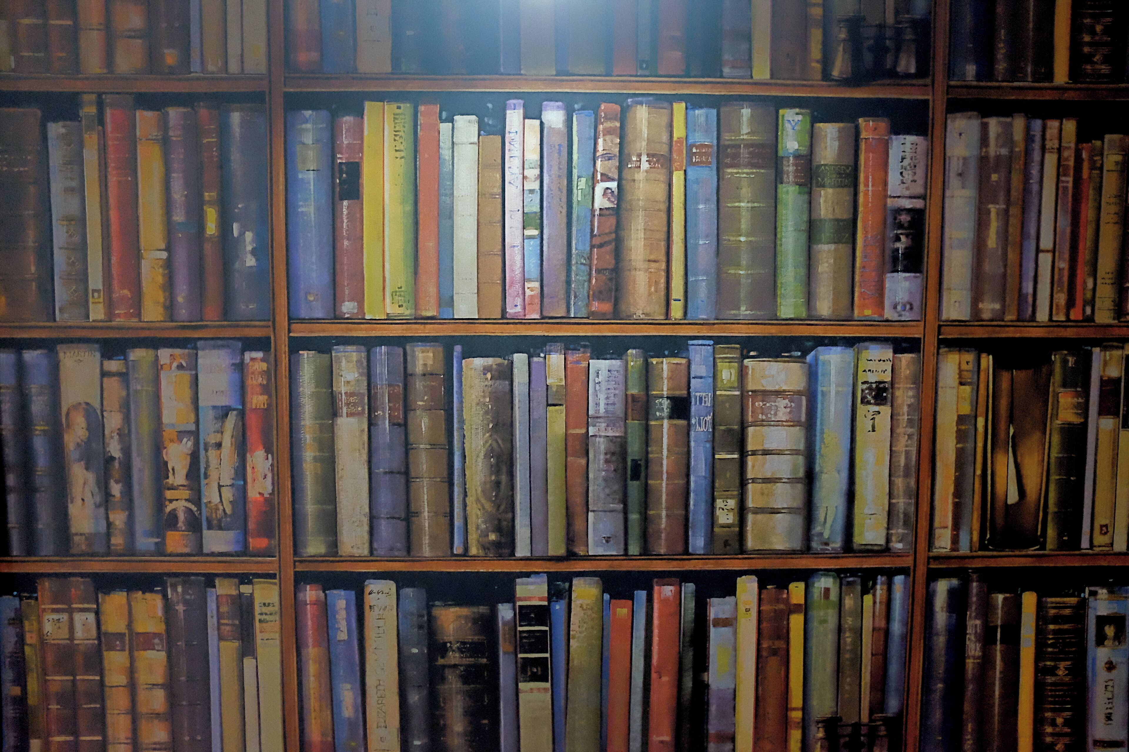 A bookshelf filled with books of various sizes and colors.