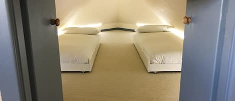 A room with two beds, a carpeted floor, and a door frame.