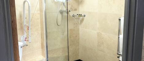 A modern bathroom with a glass-enclosed shower, a toilet, and a sink.
