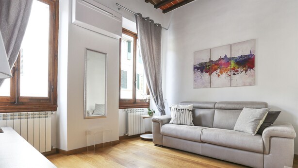 A living room with a grey sofa, wooden flooring, a radiator, a window with curtains, and a cityscape painting on the wall.