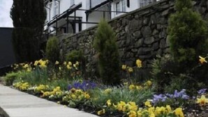 Ein weißes Gebäude mit einer Steinmauer und einem Garten mit gelben und violetten Blumen.