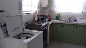 Una cucina compatta con lavatrice, fornello e lavandino.