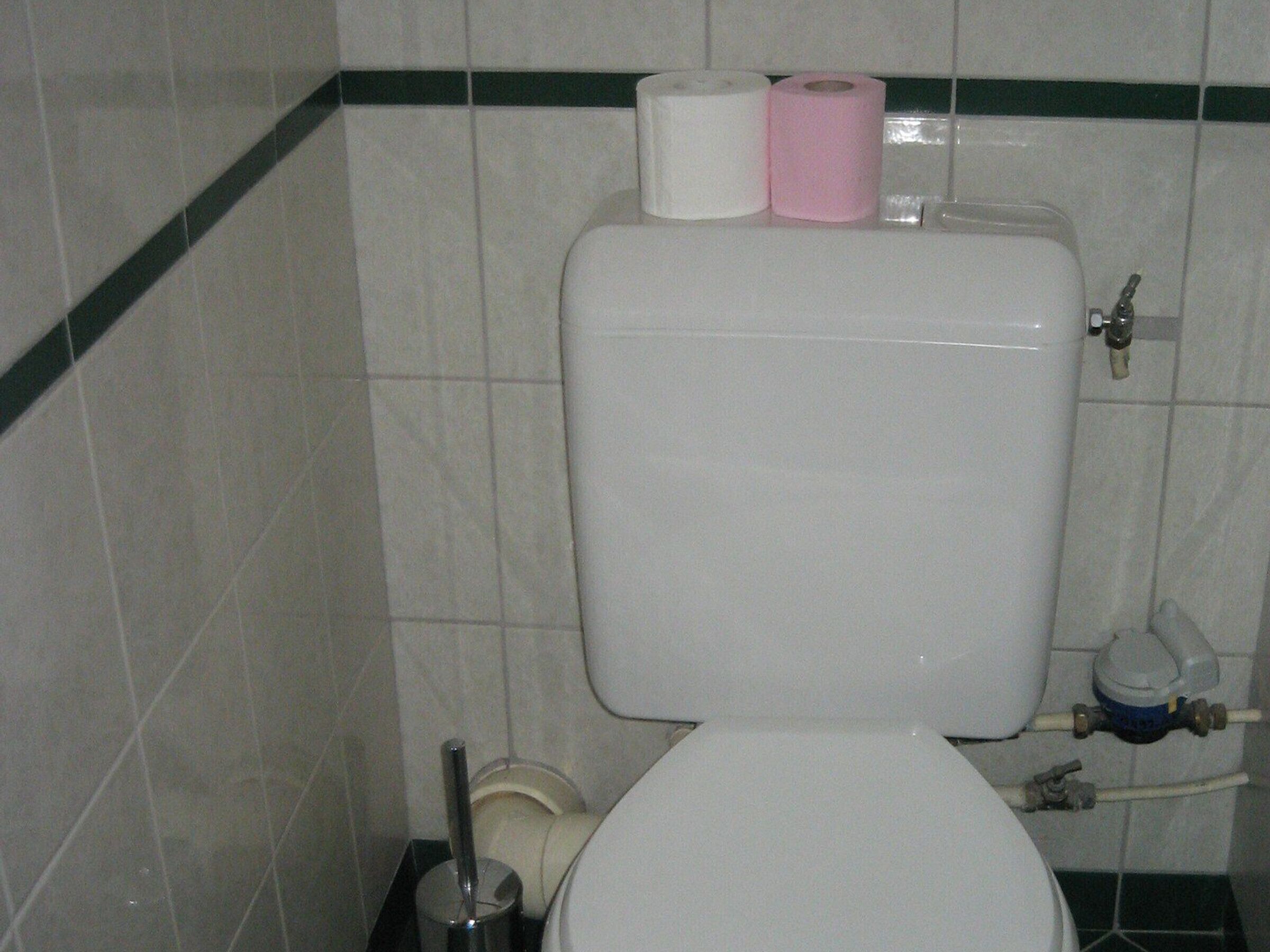 Une salle de bain équipée de toilettes, d’un bidet et d’un porte-rouleau de papier toilette avec deux rouleaux.