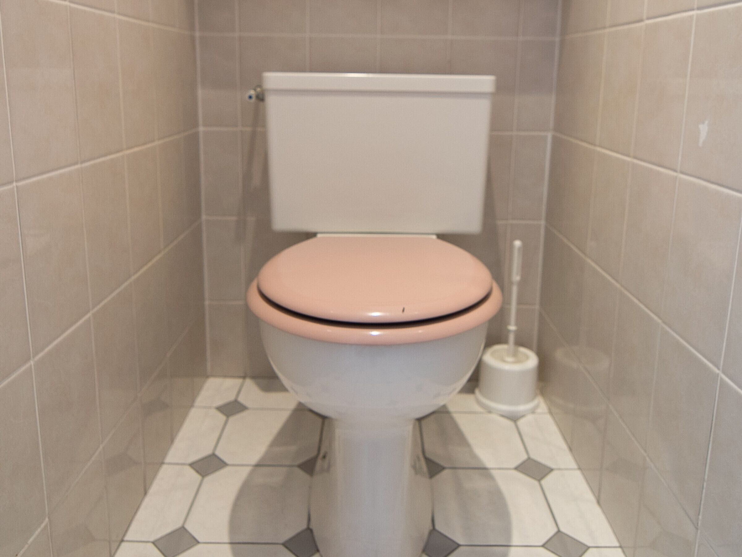En toalett med ett rosa toalettlock i ett badrum med sexkantiga, mönstrade kakelplattor.