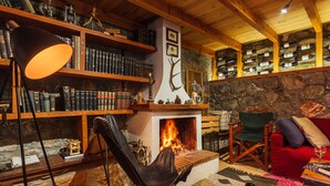 A cozy library with bookshelves, a fireplace, leather chairs, and a red sofa. - Escape in the Forest, Cosy Chalet with Home Cinema (Kalamata)