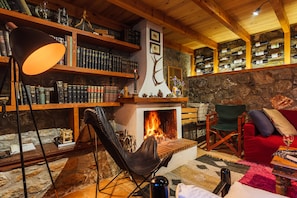 House | Living area | Fireplace - Escape in the Forest, Cosy Chalet with Home Cinema (Kalamata)