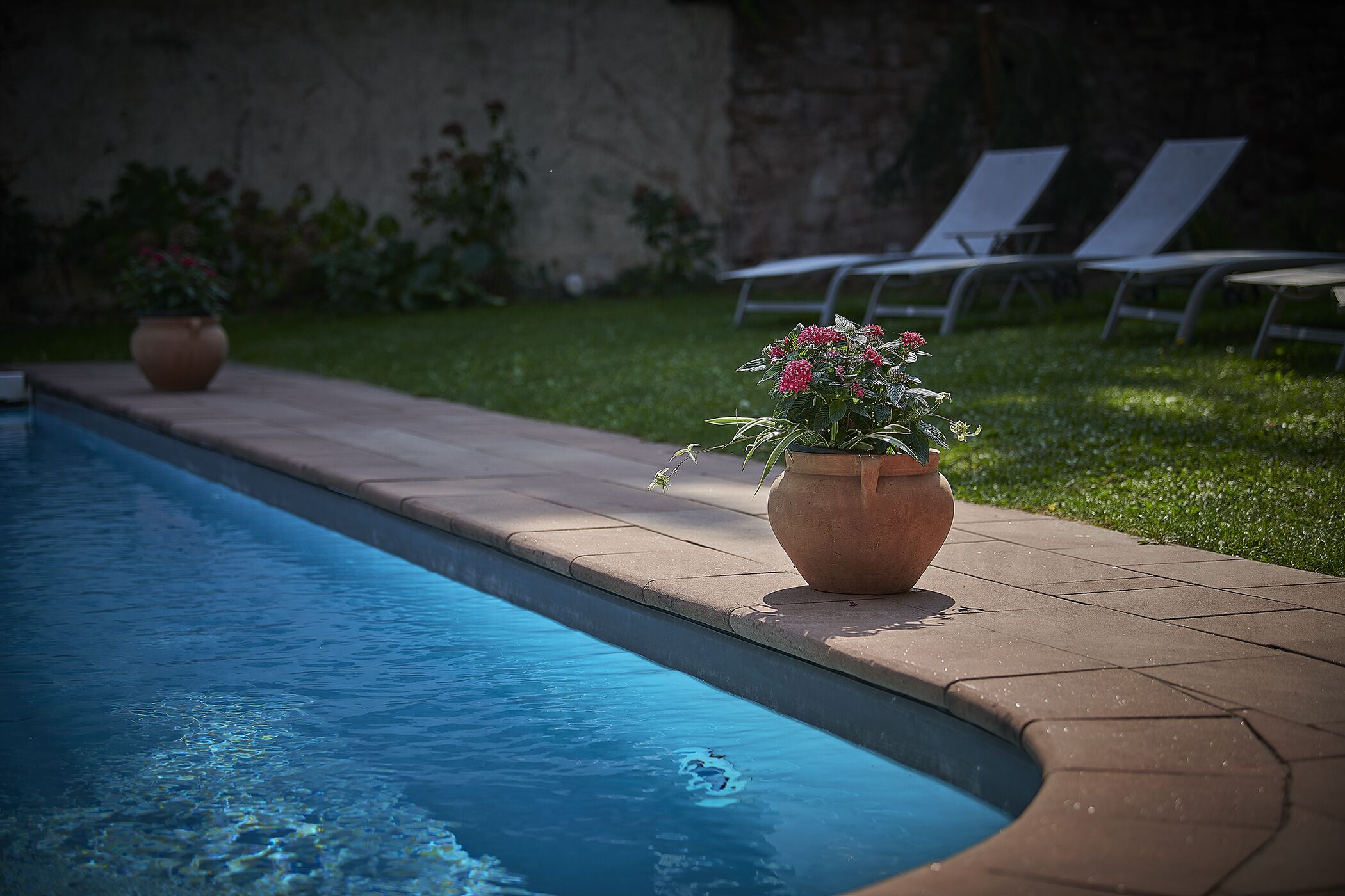 outdoor pool, open 11:00 am to 7:00 pm, pool umbrellas, pool loungers