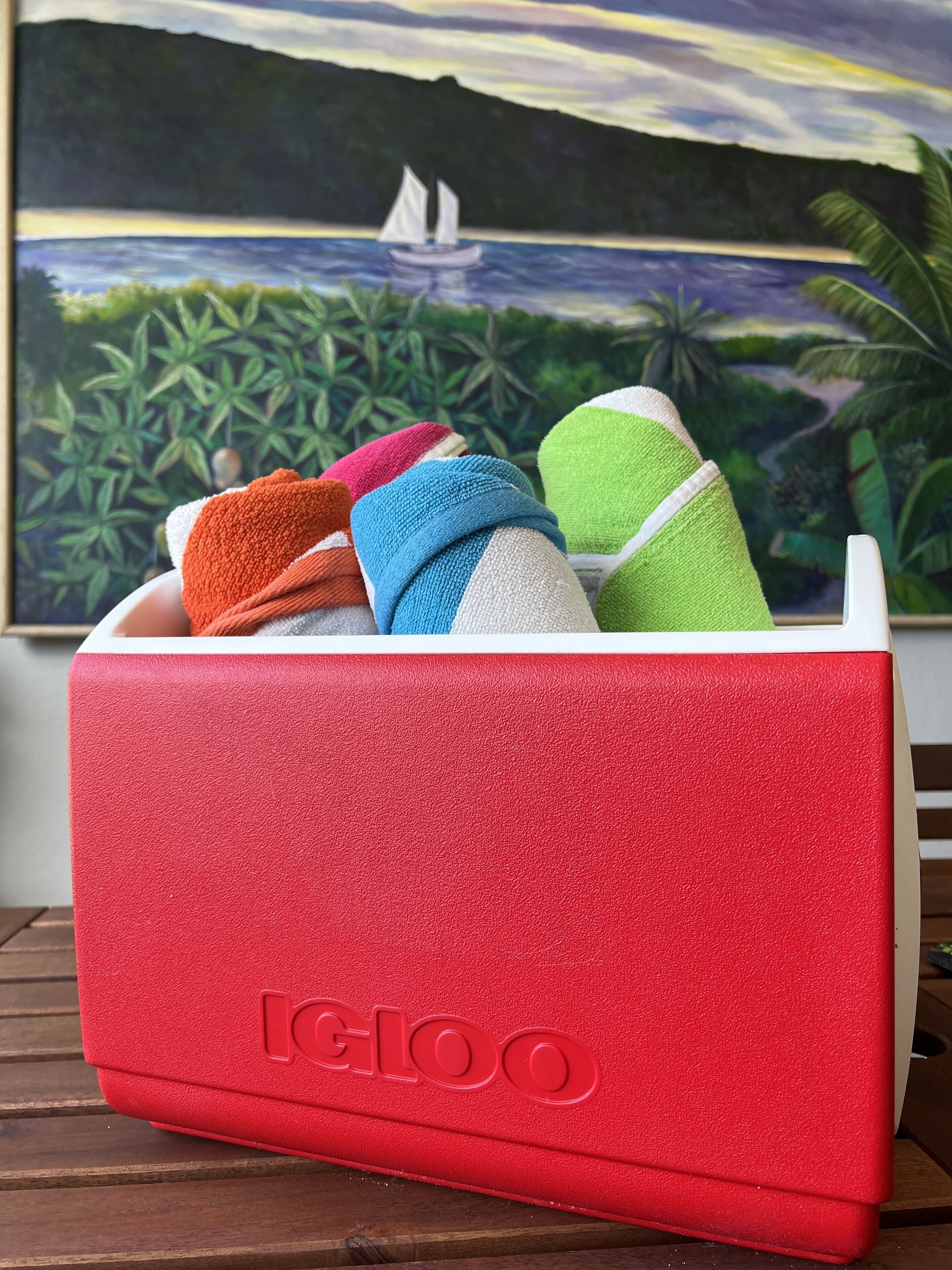 A red IGLOO cooler with colorful towels inside, placed on a wooden table with a painting of a tropical scene in the background.