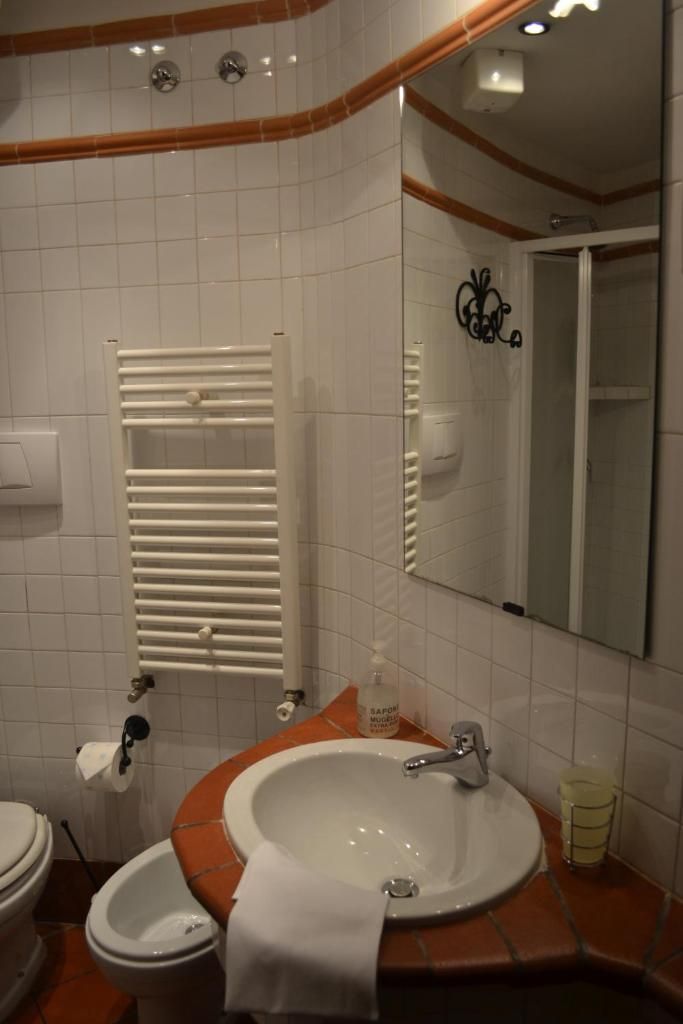 A bathroom with a white sink, a mirror, a towel, and a toilet.