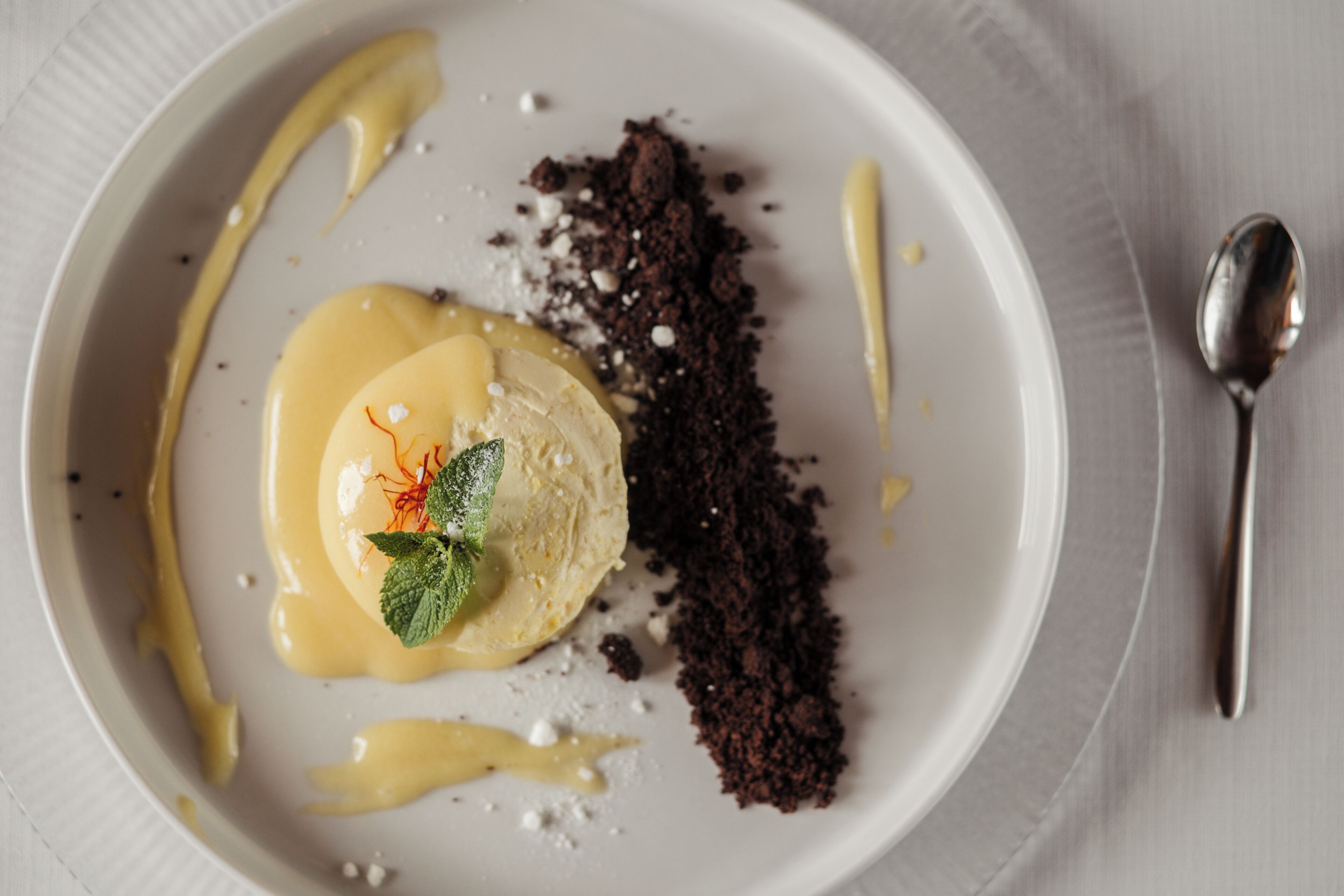 Un plato de postre con una bola de helado, crumble de chocolate y una hoja de menta como adorno.