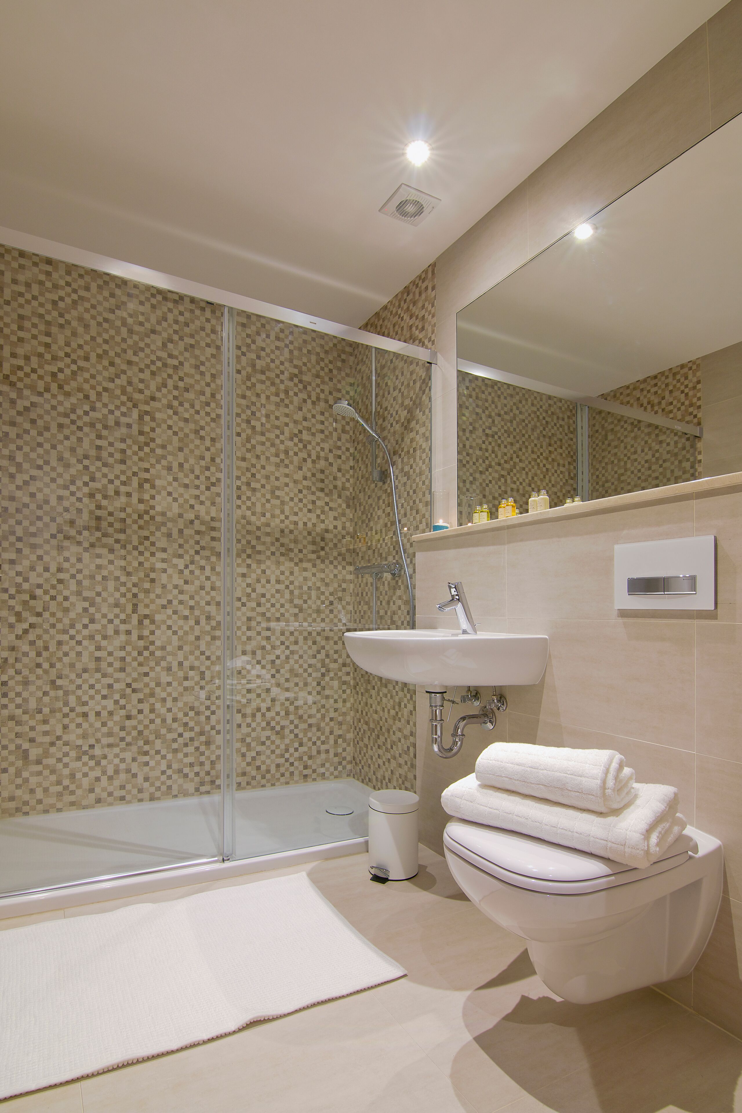 A modern bathroom with a glass shower enclosure, a white sink, and a toilet.