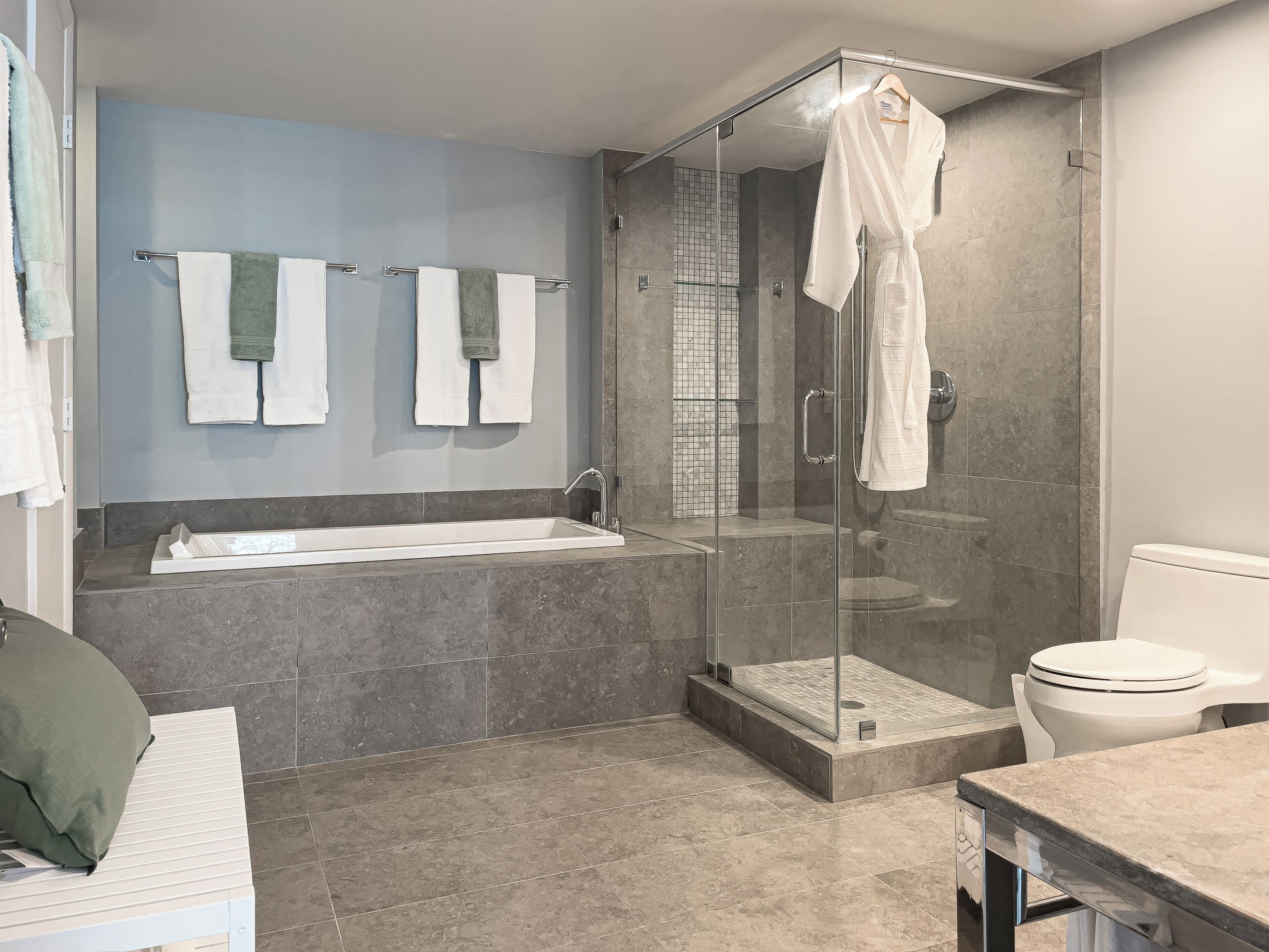 A modern bathroom with a glass-enclosed shower, a bathtub, and a toilet.