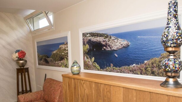 A reception area with a wooden desk, two framed coastal landscape paintings, a patterned sofa, and a decorative vase. - Marilu B&B (Matino)