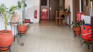 Un pasillo con suelo de baldosas, plantas en macetas, una mesa de madera y una lámpara en el techo.