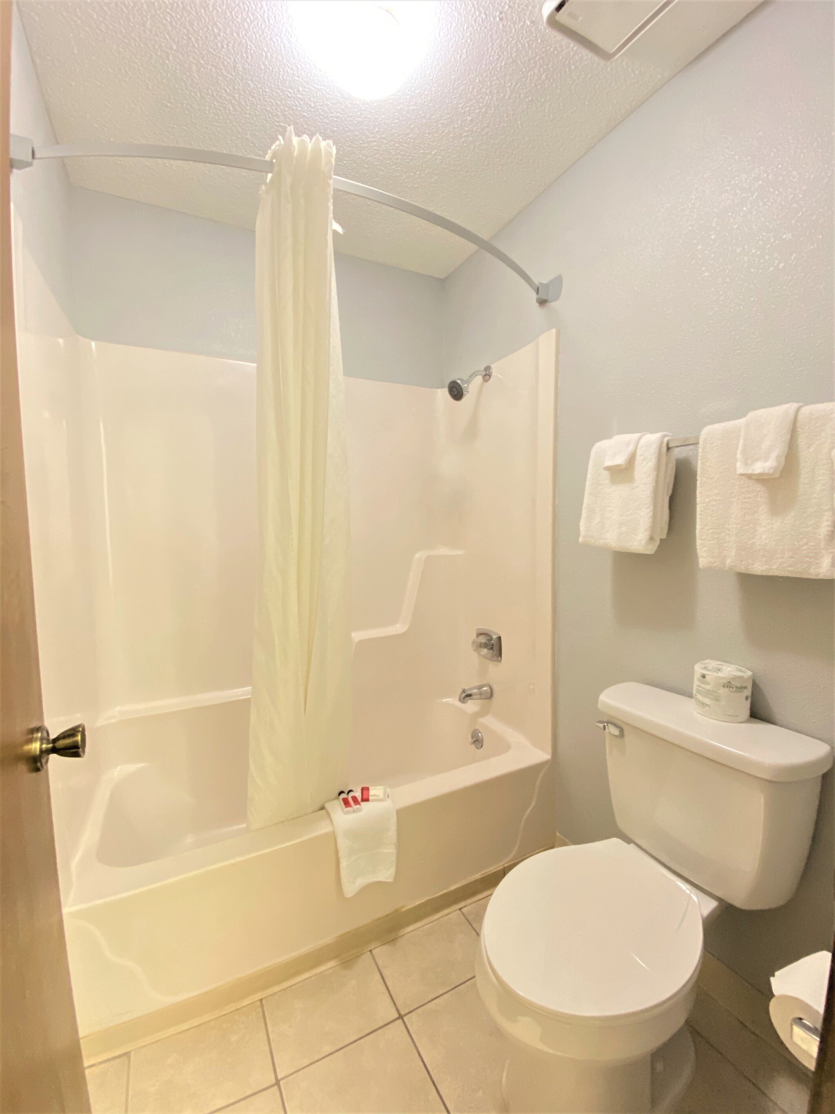 A bathroom with a bathtub, toilet, and a shower curtain.