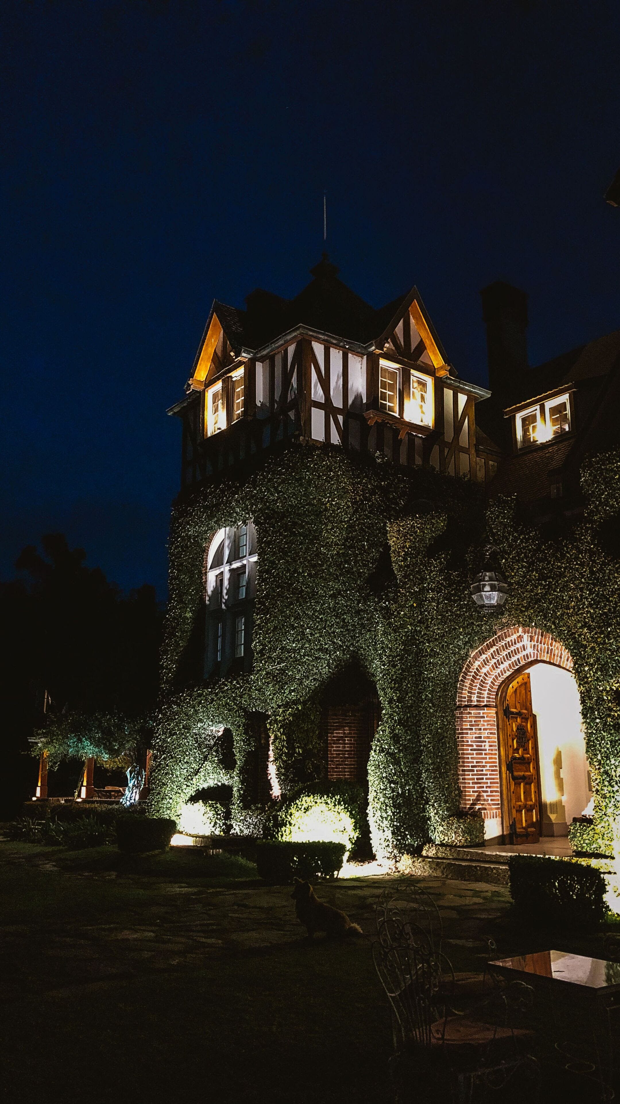 A historic building with a prominent tower, ivy-covered walls, and a large arched entrance.