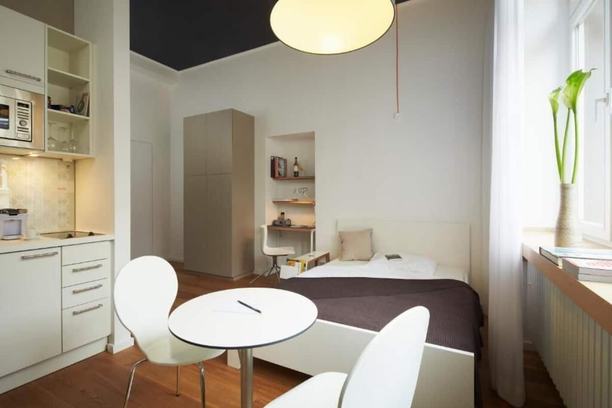 Fridge, microwave, stovetop, espresso maker