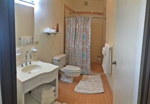 Casa família, 3 quartos, de frente para a praia | Banheiro | Chuveiro, chuveiro com efeito de chuva, produtos de toalete grátis 