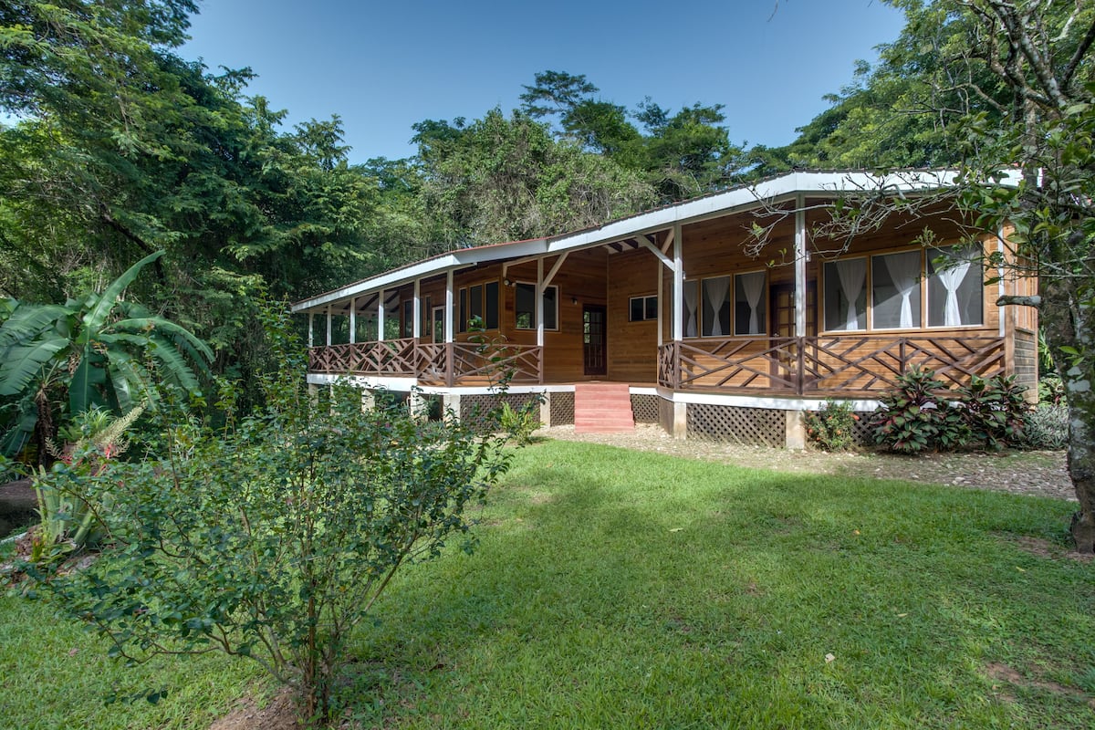 Een houten vakantiehuisje met een veranda, omgeven door weelderige begroeiing.