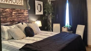 Individually furnished, blackout drapes, free WiFi, bed sheets