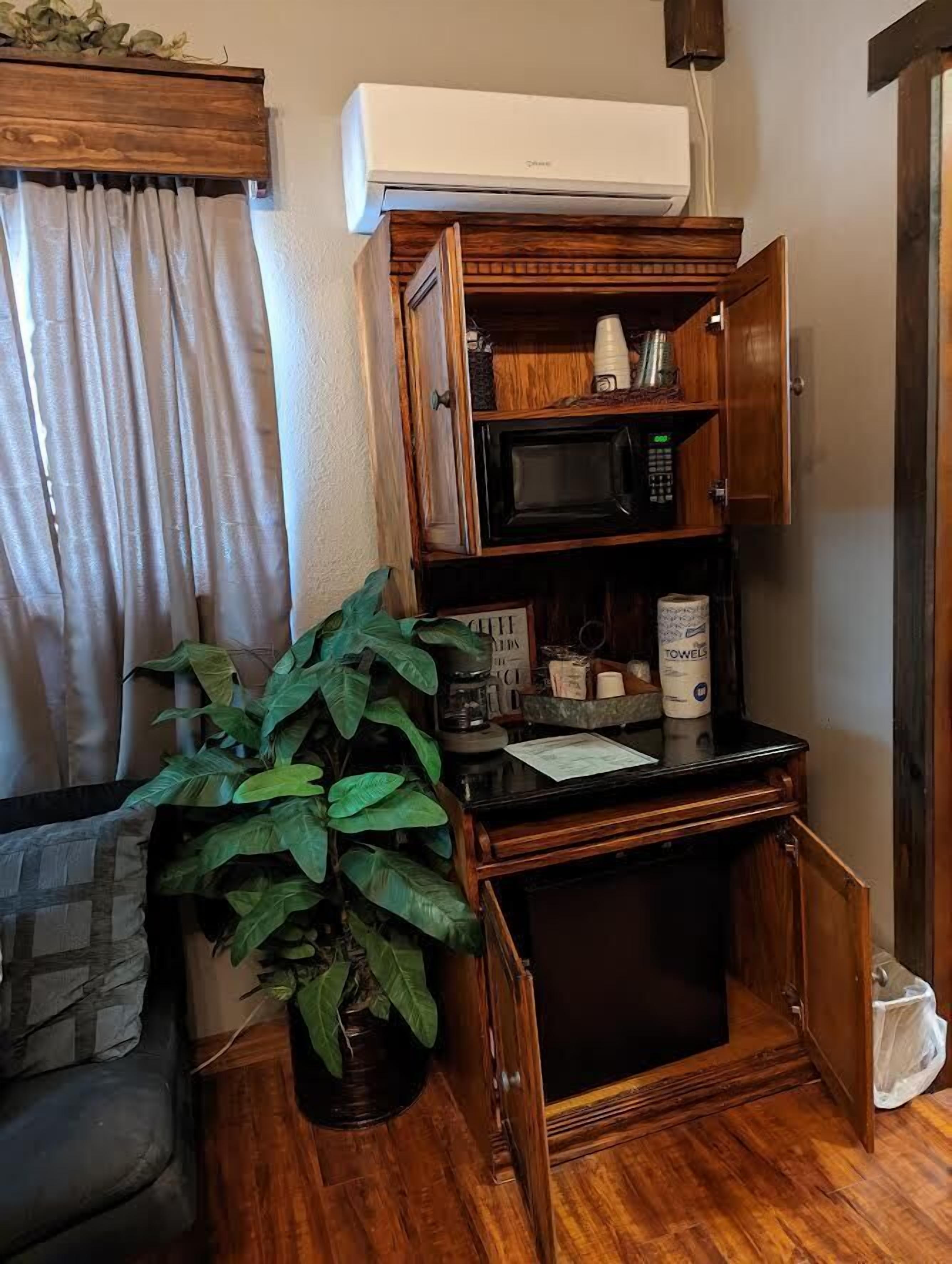 A compact kitchenette with a microwave, a small cabinet, and a potted plant.