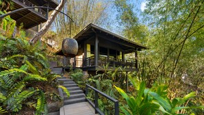 Un escalier en bois mène à un espace extérieur abrité, doté d’une rambarde, et entouré d’une végétation luxuriante et de bambous.