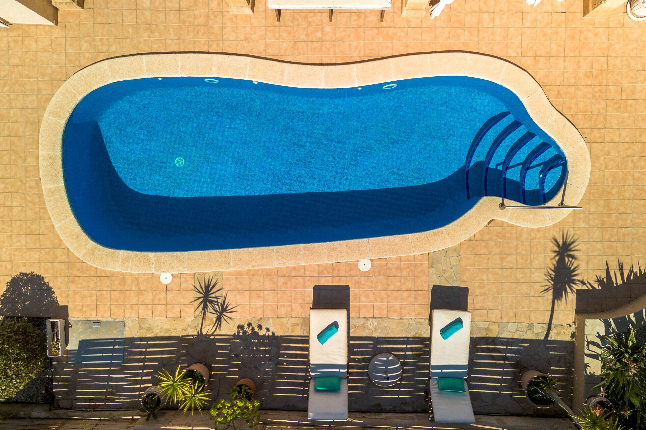A swimming pool with a wavy edge, surrounded by a tiled wall and shaded by a pergola.