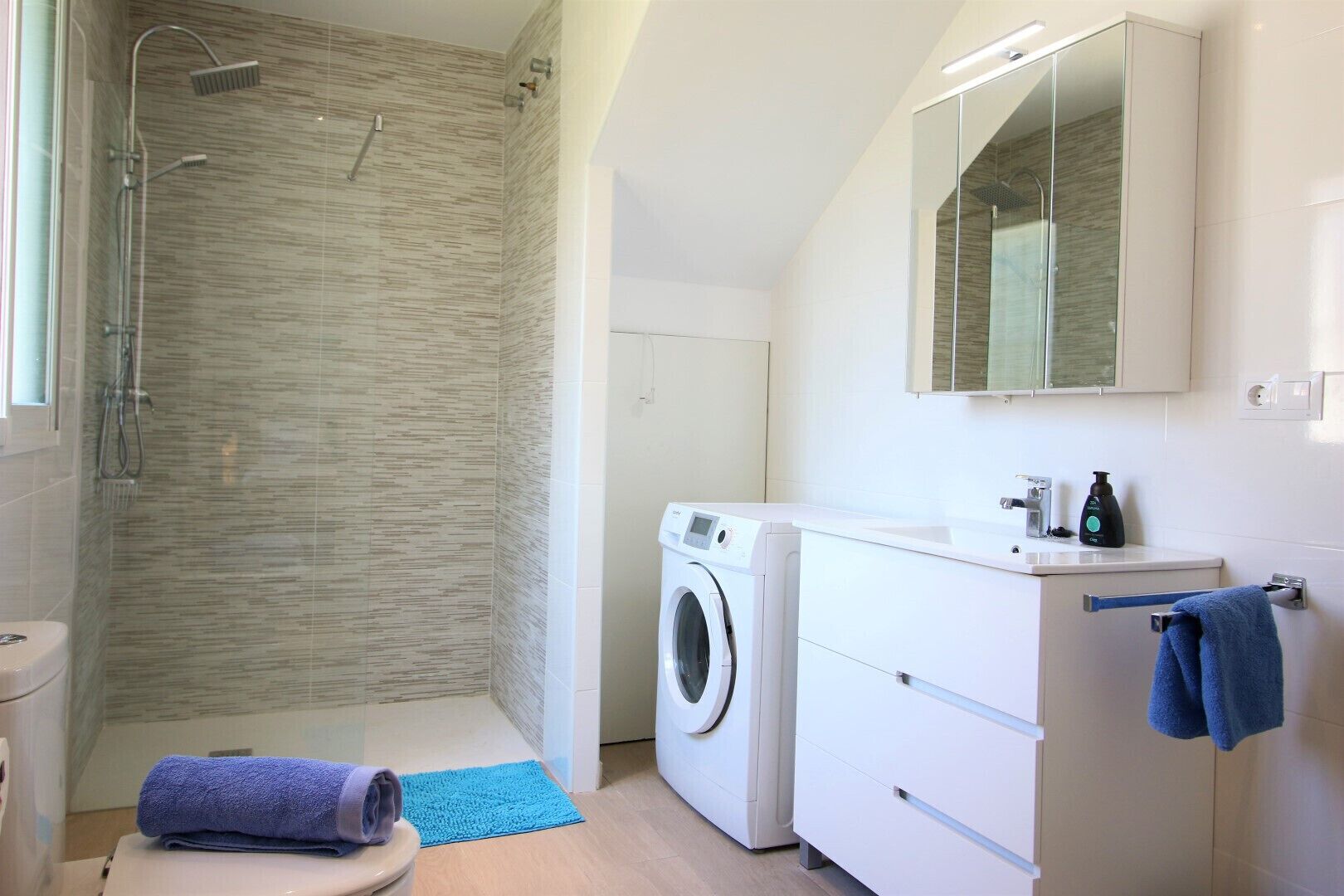 Une salle de bain moderne avec une douche à l’italienne, un lave-linge et un lavabo avec un miroir au-dessus.