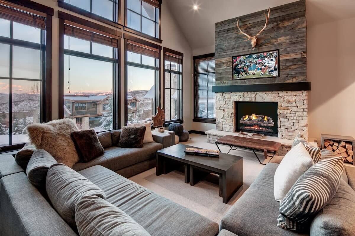 TV, fireplace, books, stereo