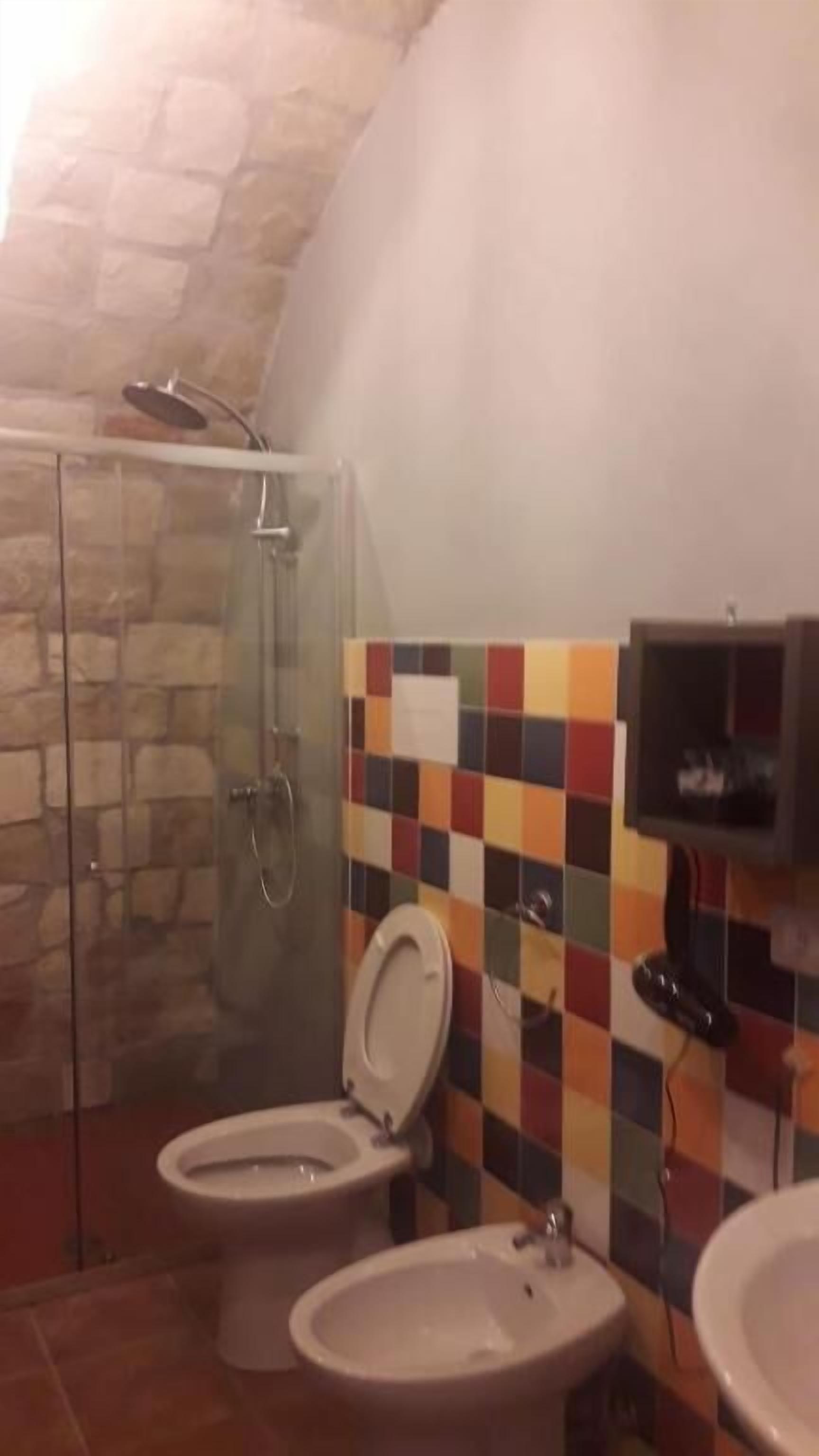 Un baño con ducha, dos inodoros y un lavamanos.