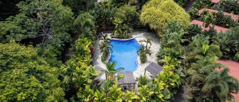 2 kolam renang outdoor, dengan payung kolam renang dan kursi berjemur