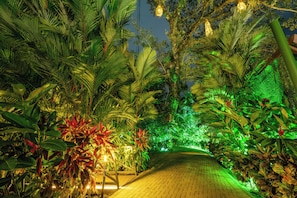 A pathway flanked by lush tropical plants and illuminated by green and yellow lights. - Hotel Boutique Casa Del Rio (La Fortuna)