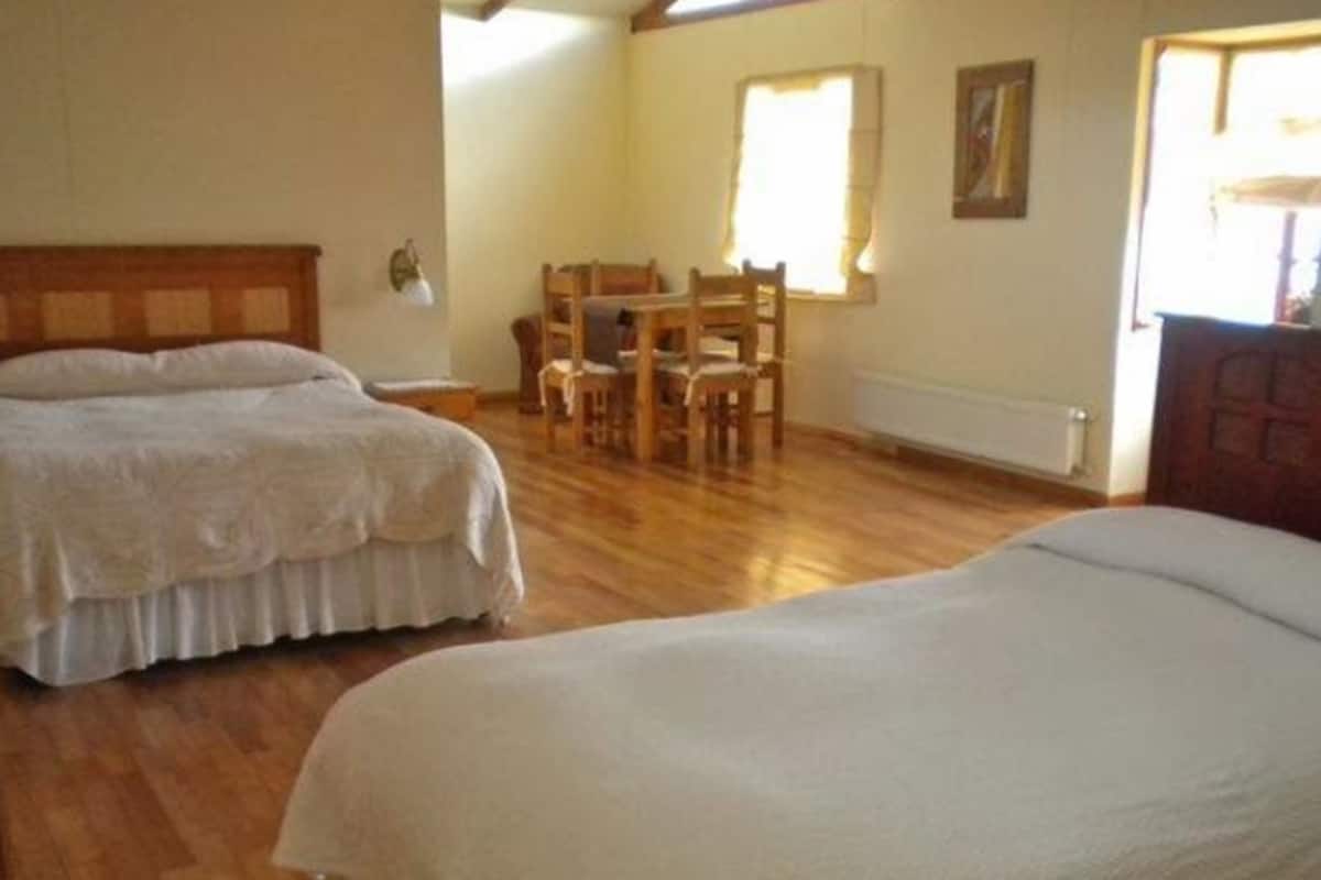 A room with two beds, a wooden table, and chairs.