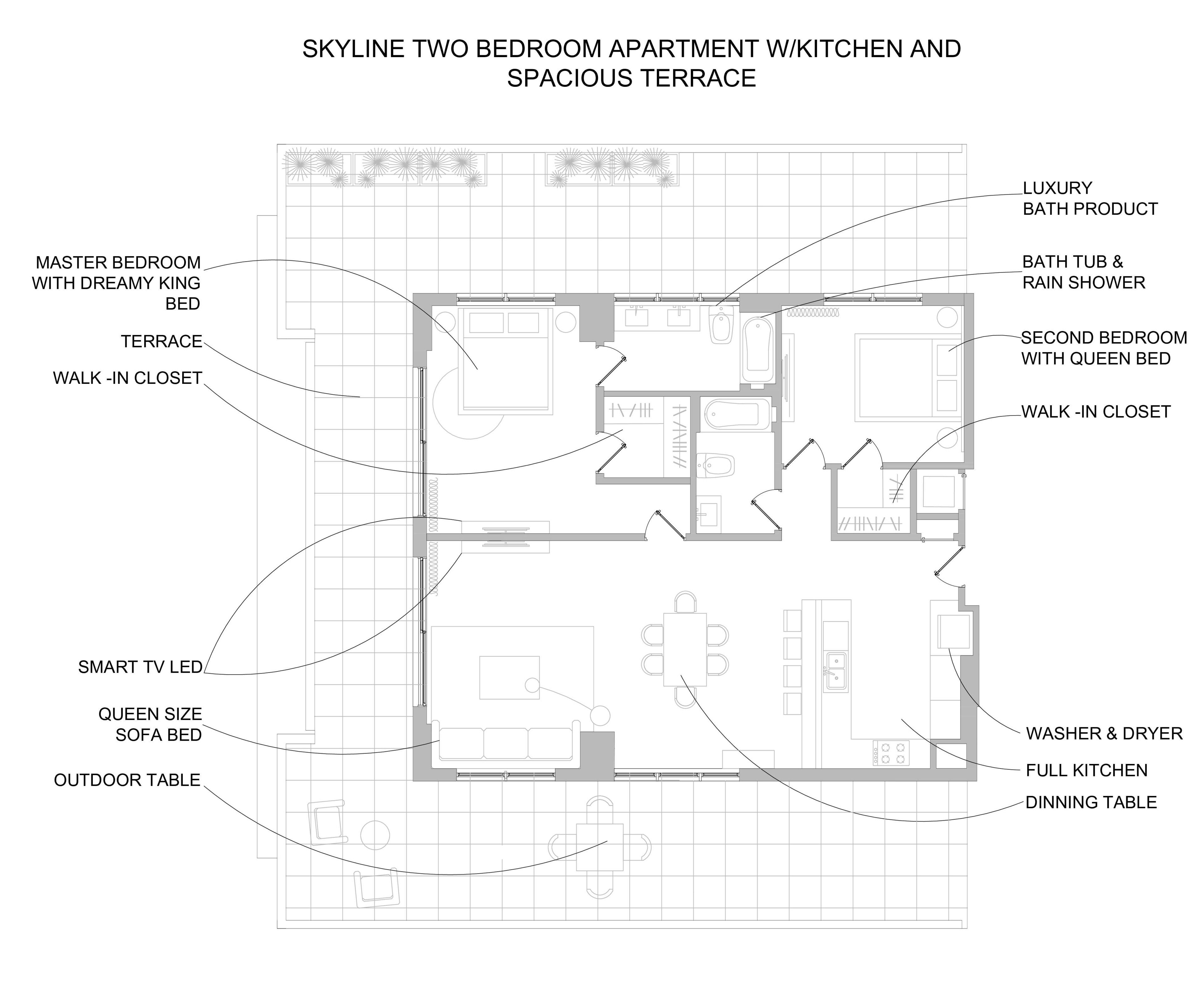 A floor plan of a two-bedroom apartment with a kitchen and a spacious terrace.