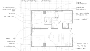 A floor plan of a two-bedroom apartment with a kitchen and a spacious terrace.