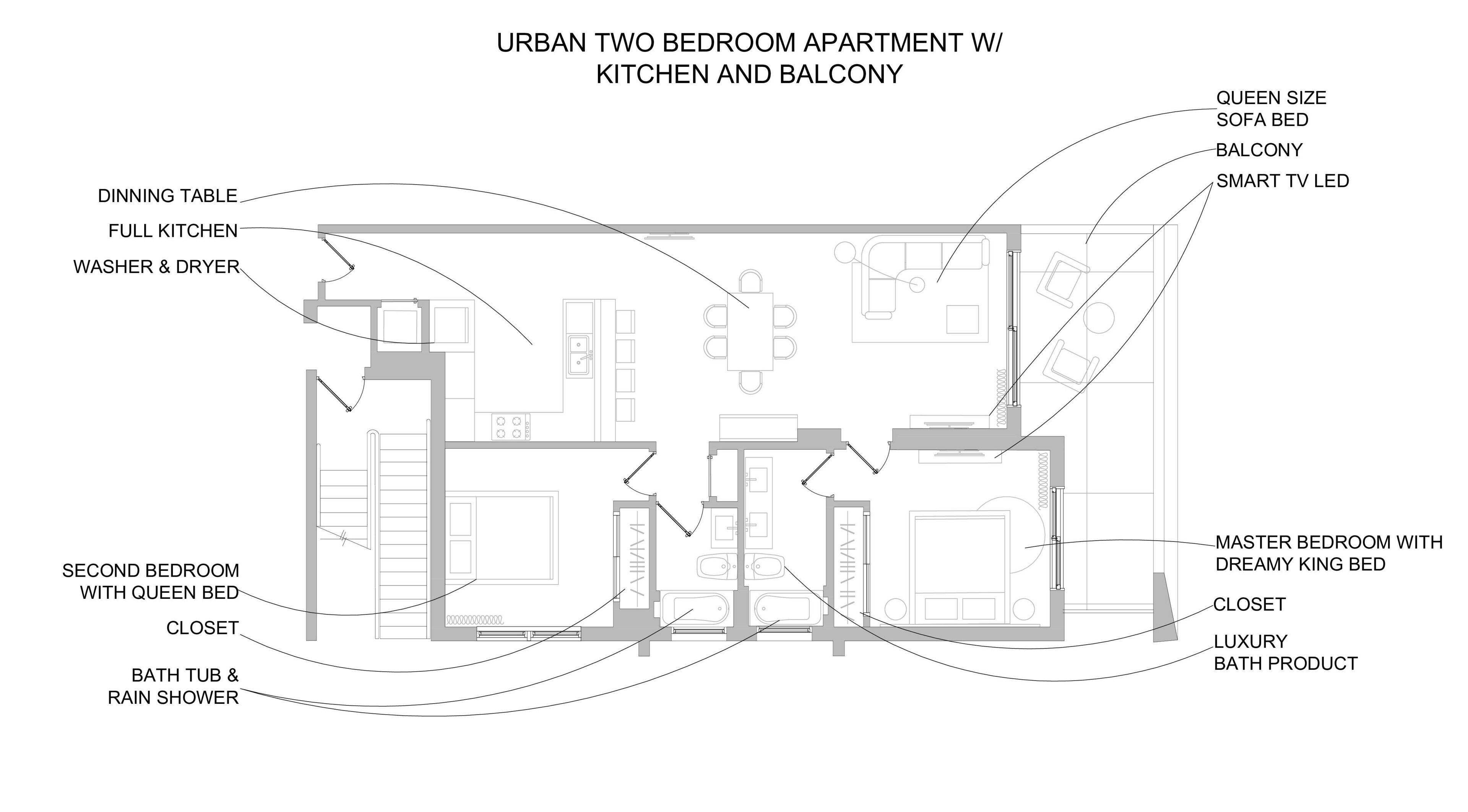 An urban two-bedroom apartment layout with a full kitchen, balcony, and a master bedroom with a king bed.