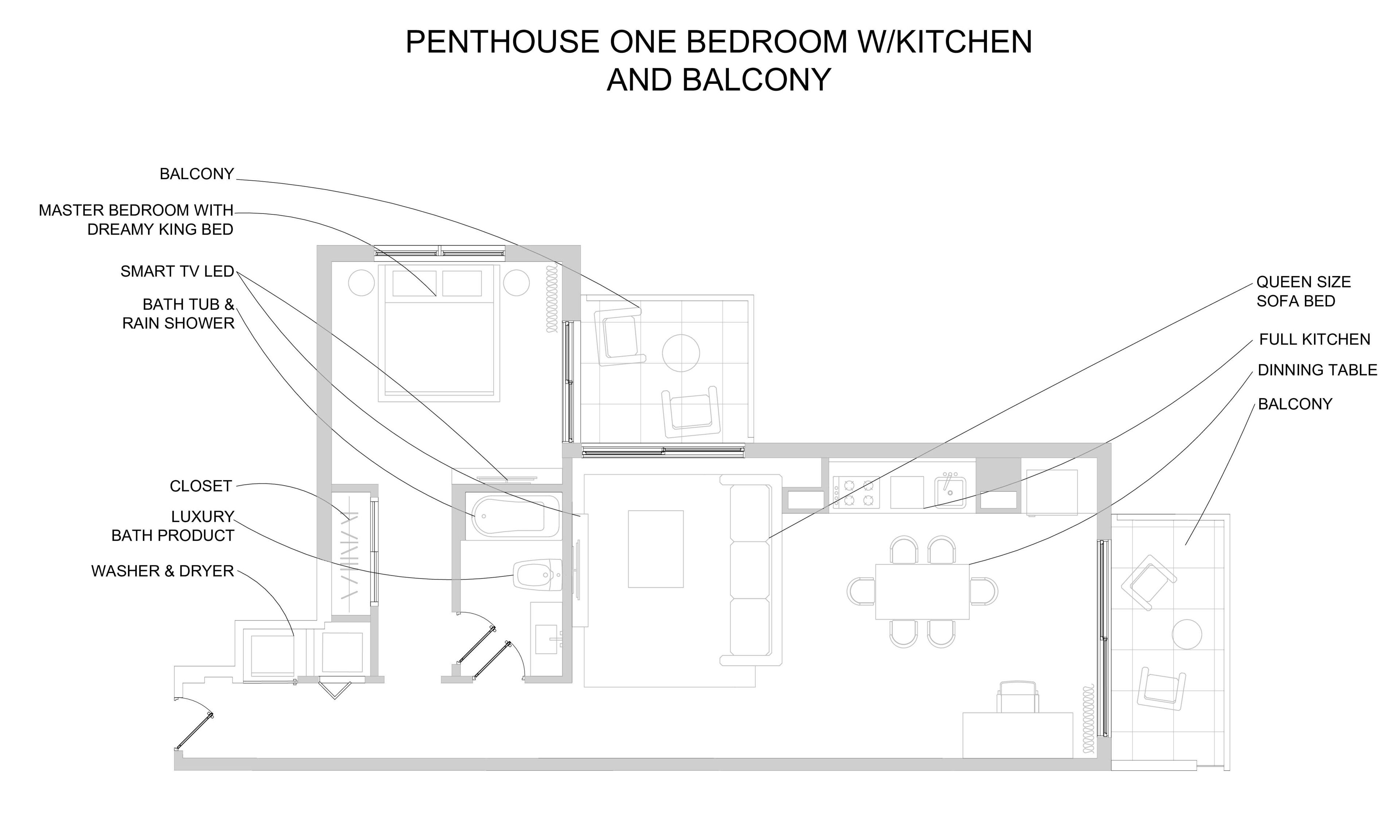 A penthouse one-bedroom with kitchen and balcony layout, including a master bedroom with a king bed, smart TV, bathroom with tub and shower, closet, luxury bath products, and a full kitchen.