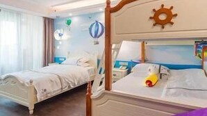 A hotel room with two beds, a wooden headboard with a ship's wheel, a nightstand with a lamp, and a window with curtains. - Diyuan Boutique Garden Hotel (Shanghai)