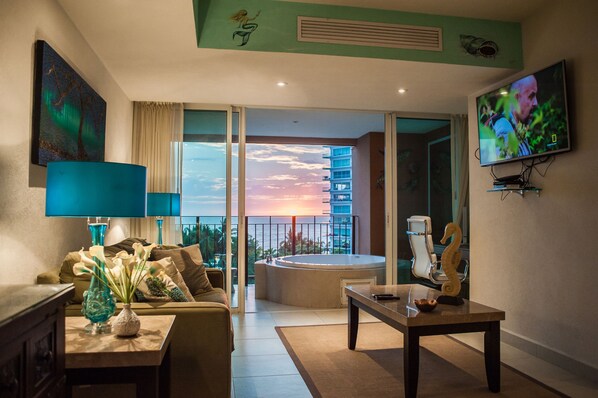 Luxury Apartment, 1 Queen Bed, Ocean View | Living room | LED TV - Grand Venetian Condominium (Puerto Vallarta)