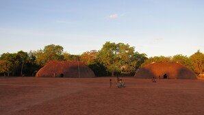 A large open area with two thatched-roof huts and a dirt ground.