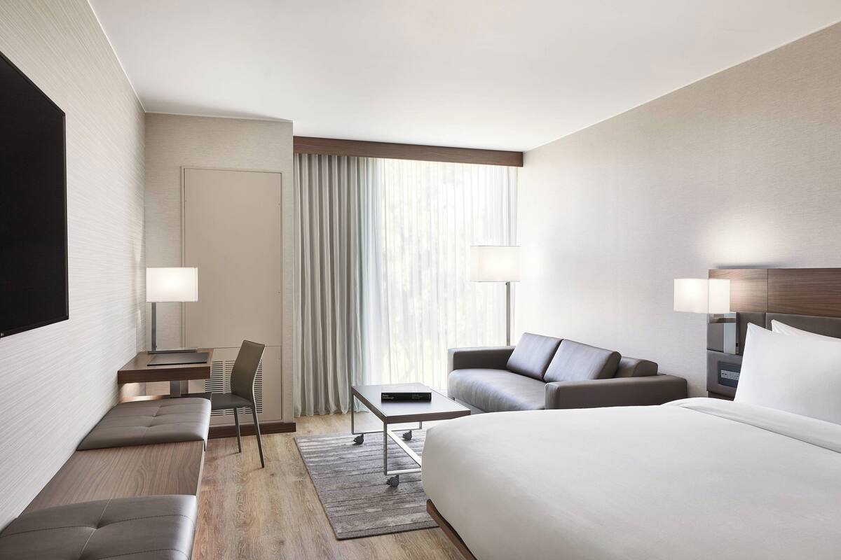 A hotel room with a large bed, a desk with a chair, a sofa, and a TV mounted on the wall.