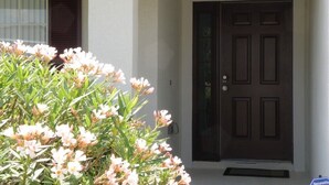 Puerta principal de color marrón oscuro con un panel de vidrio, un pequeño porche y una maceta con flores blancas.