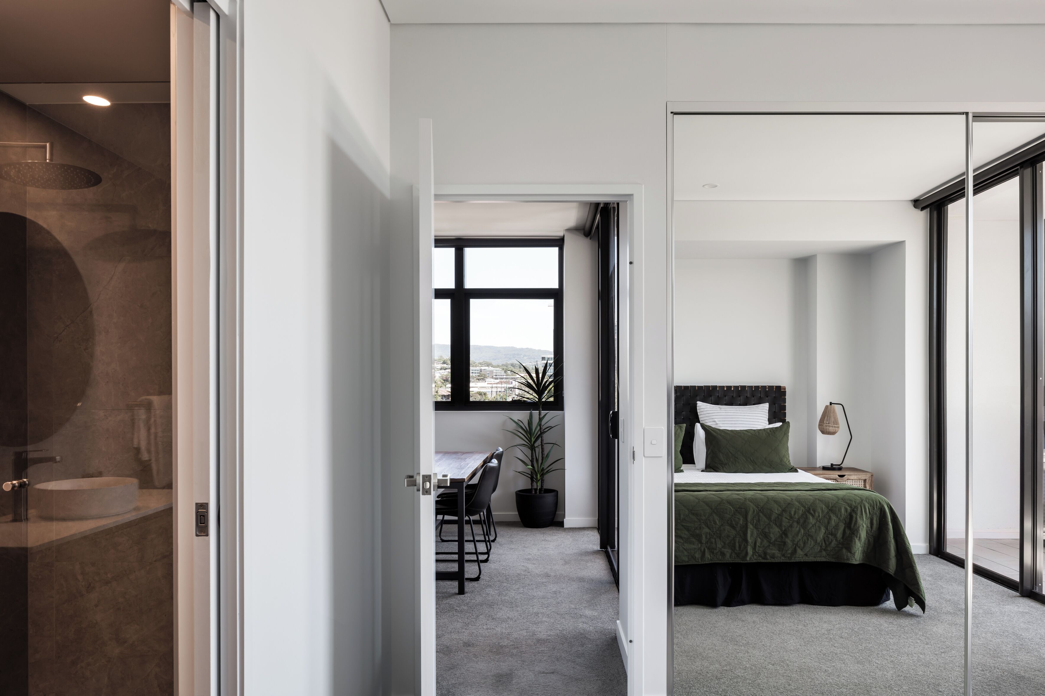 Desk, laptop workspace, blackout curtains, iron/ironing board