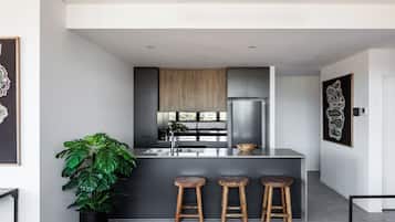 Full-sized fridge, microwave, oven, stovetop